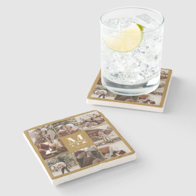 Porta-copo De Pedra Retro Mostarda Monograma Nome da Família Inicial F (Lateral)