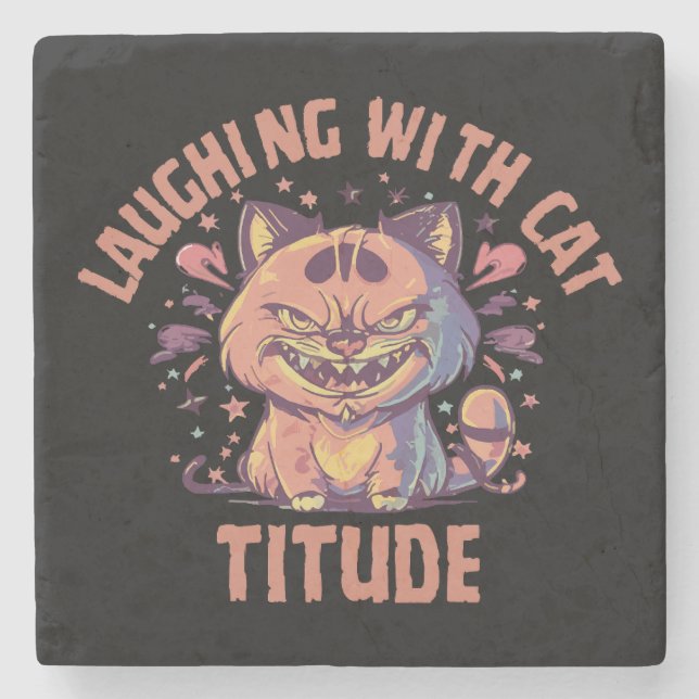 Porta-copo De Pedra Rindo com Cat-titude (Frente)