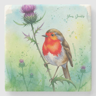 Porta-copo De Pedra Robin Bird e Flor de Cardo Aquarela Botânica