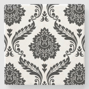 Porta-copo De Pedra Rococo Damask Padrão Grande Preto no Branco