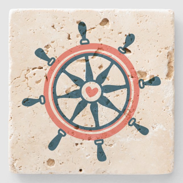 Porta-copo De Pedra Roda Náutica Marinho-Coral (Frente)