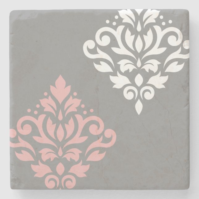 Porta-copo De Pedra Rolar Damask Art I Pink White Cinza (Frente)