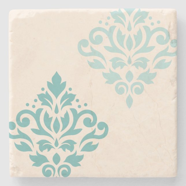 Porta-copo De Pedra Rolar Damask Art I Teals on Cream (Frente)