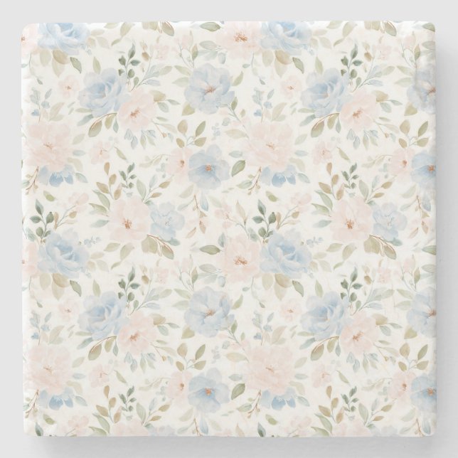 Porta-copo De Pedra Romantic Blue Blush Pink Flowers (Frente)