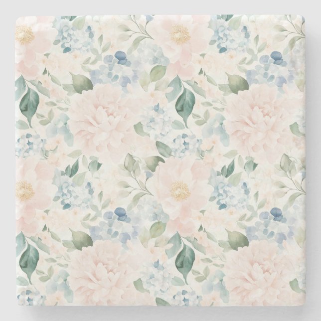 Porta-copo De Pedra Romantic Pale Blue Blush Pink Flowers (Frente)