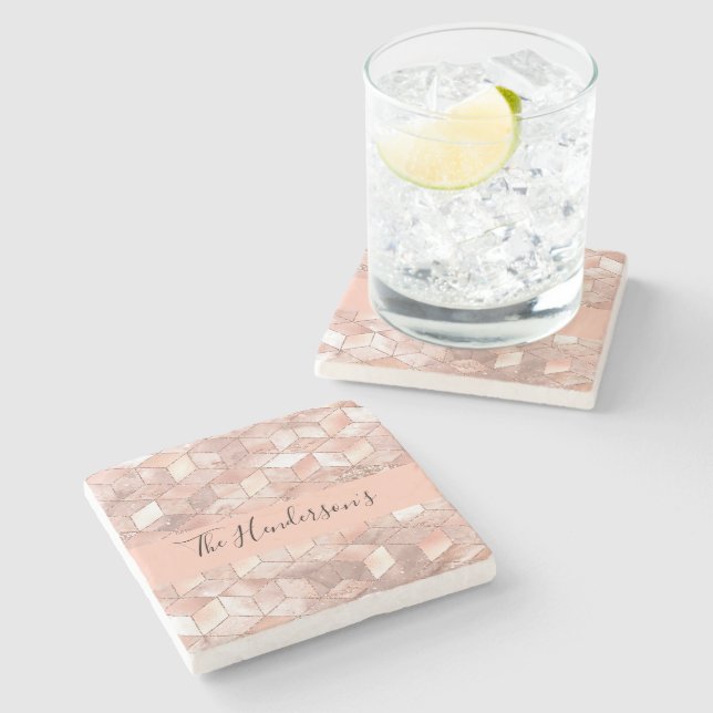 Porta-copo De Pedra Rosa gold cube name familia name script moderno (Lateral)