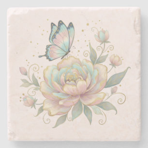 Porta-copo De Pedra Rosa Mágica e Borboleta Cores Pastel