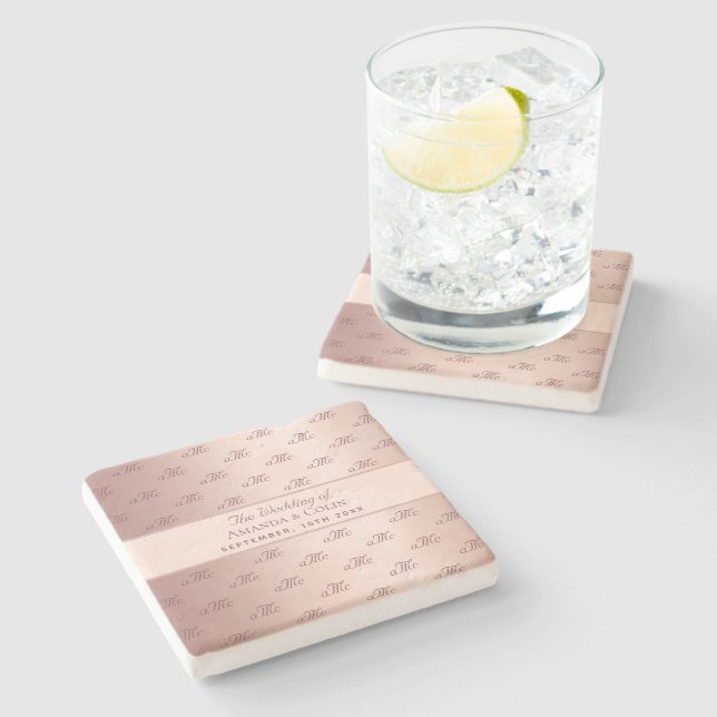 Porta-copo De Pedra Rosa monograma iniciais casamento exceto data (Lateral)