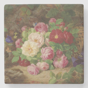 Porta-copo De Pedra Rosa no chão da floresta com borboletas