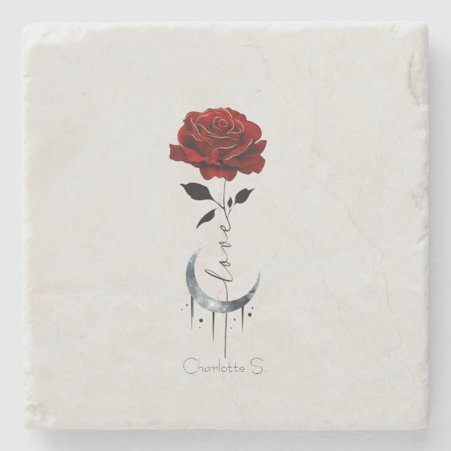 Porta-copo De Pedra Rosa vermelha Gótica e Lua Crescente com Amor (Frente)