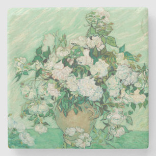 Porta-copo De Pedra Rosas Brancas de Van Gogh - Arte Floral Mint Vinta