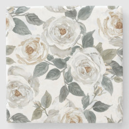Porta-copo De Pedra Rosas de Jardim | Floral Vintage aquarela Branca