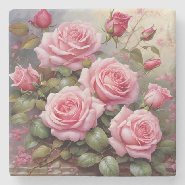 Porta-copo De Pedra Rosas Pink Vintage (Frente)