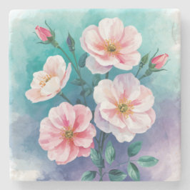 Porta-copo De Pedra Rosas Selvagens Rosa Azul Turquesa em Aquarela
