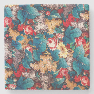 Porta-copo De Pedra Rosas vermelhas de vindima e padrão floral lilás