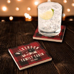 Porta-copo De Pedra Rustic Family Name Cabin Lake House Red Plaid<br><div class="desc">Rustic modern stone coasters with a trendy forest mountain range design with pine trees,  woods,  and birds surrounded by your custom family name on printed red buffalo plaid background,  a personalizable name of your cottage,  cabin,  lake house,  or any other,  as well as the year established.</div>
