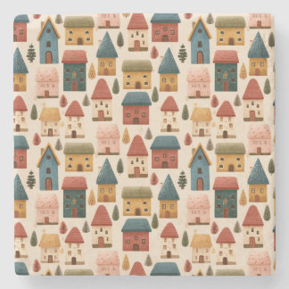 Porta-copo De Pedra Rustic Festive Christmas Houses Seamless Pattern