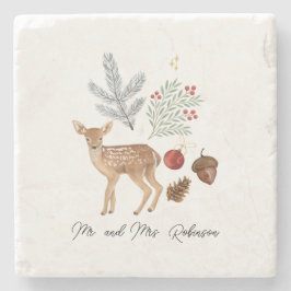 Porta-copo De Pedra Rustic Watercolor Deer e Botanicals Natal