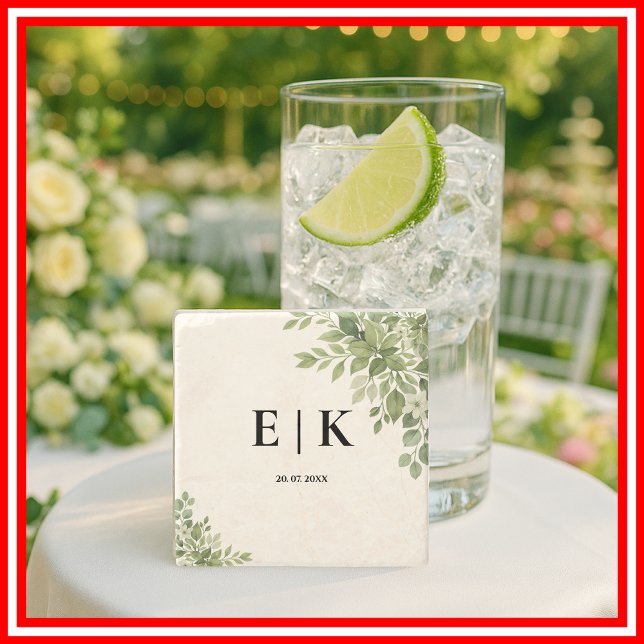 Porta-copo De Pedra Sage Green deixa Greenery Monograma Casado (Criador carregado)