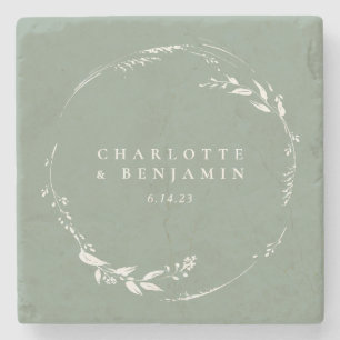 Porta-copo De Pedra Sage Green Floral Wreath Monograma Personalizado