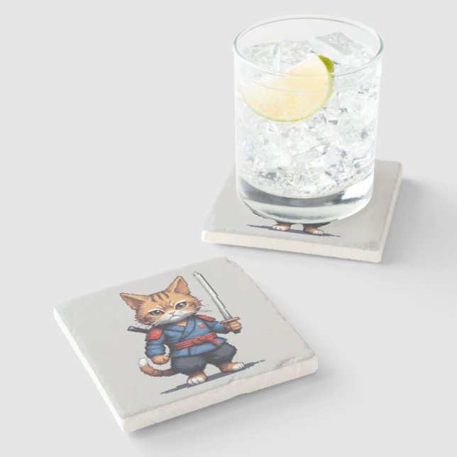 Porta-copo De Pedra Samurai Cat Pixel Art (Lateral)