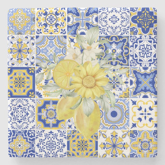 Porta-copo De Pedra Sangue do mosaico em azul e amarelo (Frente)