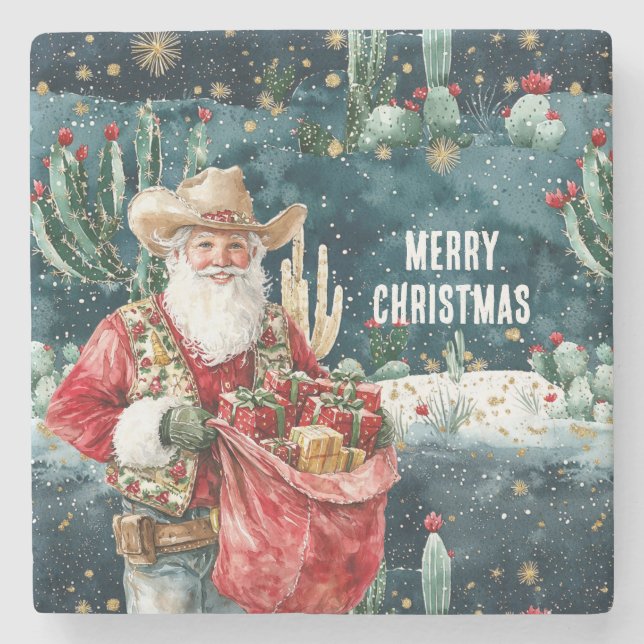 Porta-copo De Pedra Santa Claus Western Cowboy Christmas (Frente)