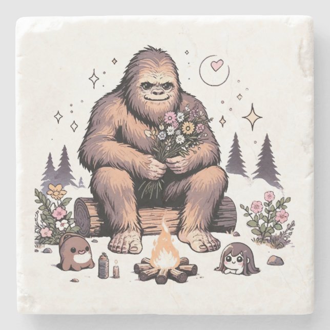 Porta-copo De Pedra Sasquatch Segurando Flores (Frente)