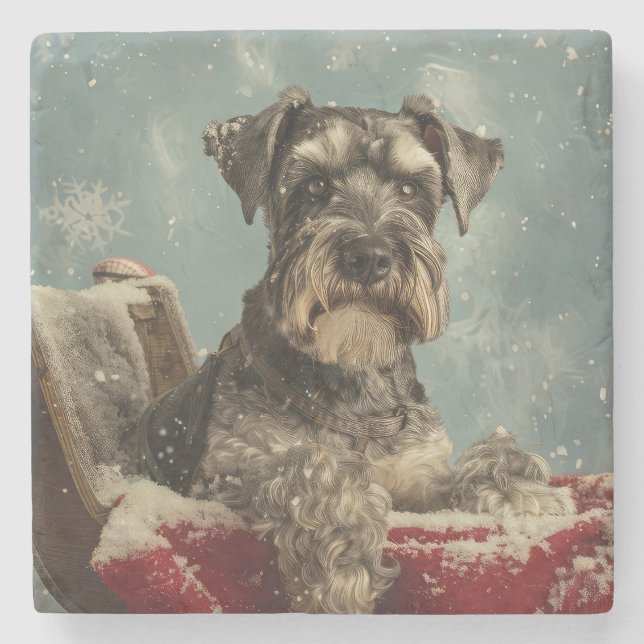 Porta-copo De Pedra Schnauzer Cachorro Natal Festivo (Frente)