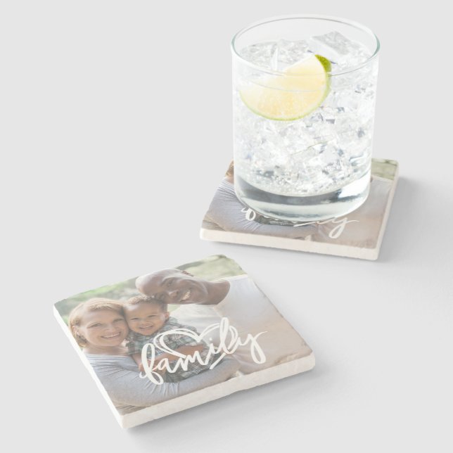 Porta-copo De Pedra Script de Família com Foto Personalizada (Lateral)