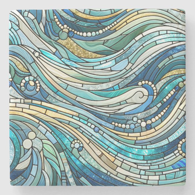 Porta-copo De Pedra Sea of Waves Teal Mosaic Fine Art (Frente)