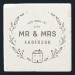 Porta-copo De Pedra Senhor e Senhora nova casa ou recém-casados<br><div class="desc">Senhor e Senhora nova casa ou almofada de recém-casados. Desenho floral à mão e detalhes de casinha. A cor do fundo pode ser alterada.</div>