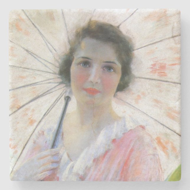 Porta-copo De Pedra Senhora de vestido rosa com parasol (Robert Reid) (Frente)