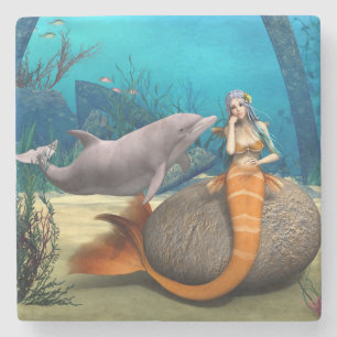 Porta-copo De Pedra Sereia Sonhadora Golfinho Arte Fantasia Subaquátic