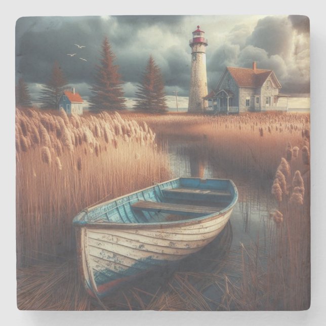 Porta-copo De Pedra Serenidade Costeira: Farol e Rowboat (Frente)