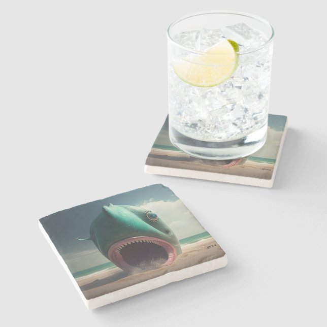 Porta-copo De Pedra Shark sculpture on the beach (Lateral)