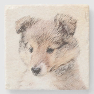 Porta-copo De Pedra Shetland Sheepdog Puppy Pintura Original