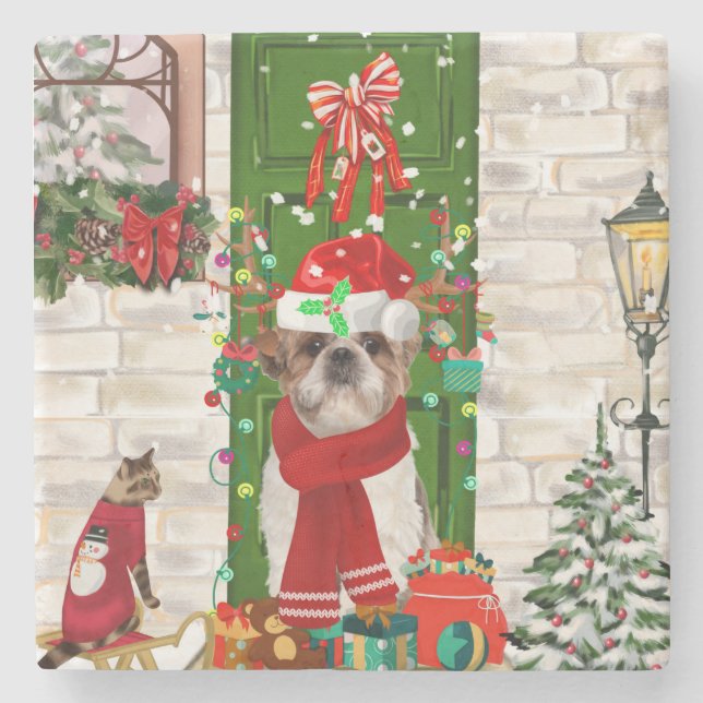 Porta-copo De Pedra Shih Tzu Dog Natal (Frente)