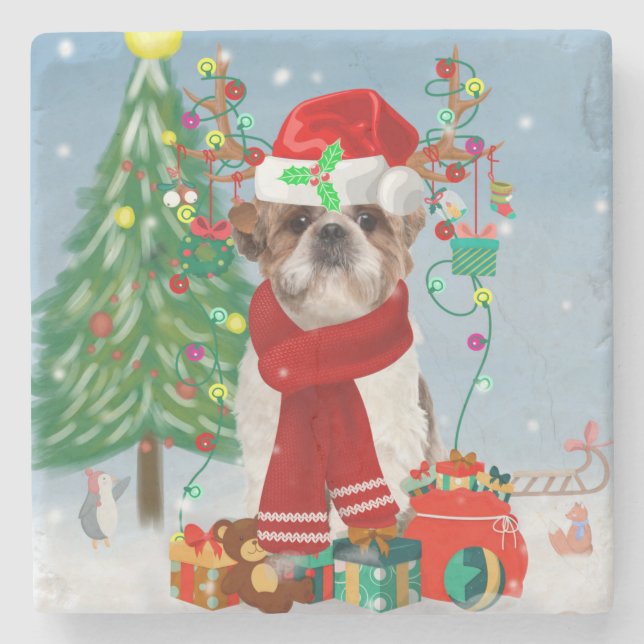 Porta-copo De Pedra Shih Tzu Dog no Natal da Neve (Frente)