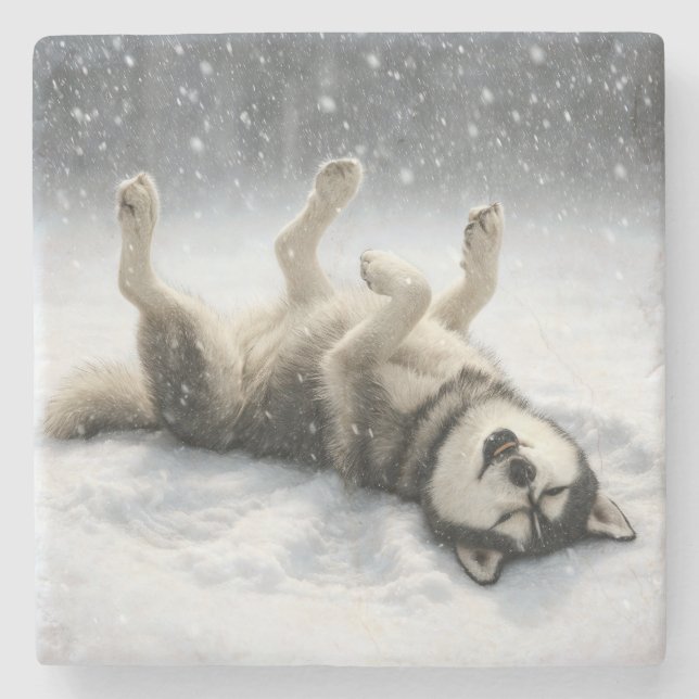 Porta-copo De Pedra Siberian Huskey Creating a Snow Angel (Frente)