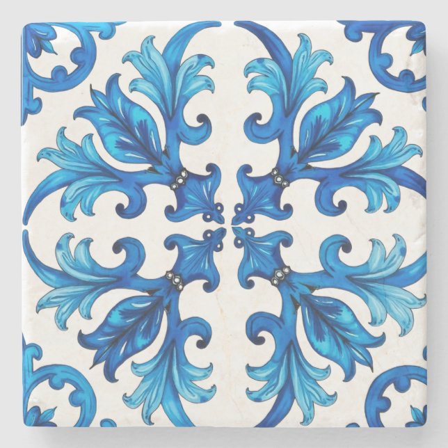 Porta-copo De Pedra Siciliano,verão,limão,mosaico,azul, (Frente)