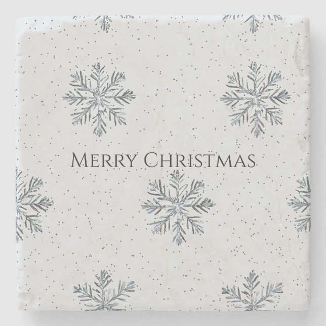 Porta-copo De Pedra Silver Grey Winter Snowflakes Christmas (Frente)