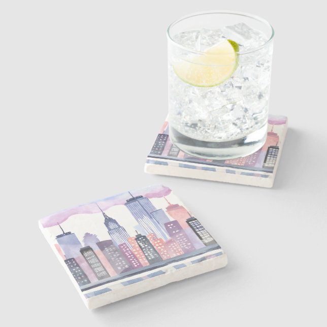 Porta-copo De Pedra Skyline Cityscape de Aquarela (Lateral)