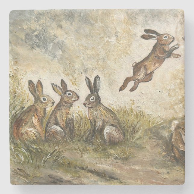 Porta-copo De Pedra Skyward Fluff Meadow Hare Whimsical Rabbit Family  (Frente)