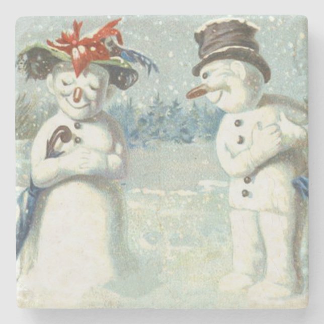 Porta-copo De Pedra Snowman Casal Winter Snow Field (Frente)