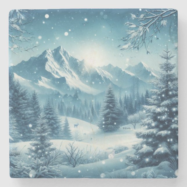 Porta-copo De Pedra Snowy Winter Mountain (Frente)