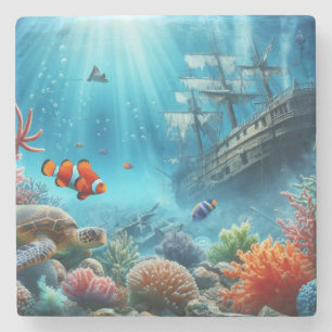 Porta-copo De Pedra Sob o mar, tartaruga, coral, navio, palhaço