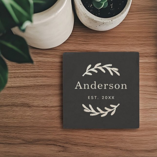 Porta-copo De Pedra Sobrenome Rústico Laurel Branch Wreath Monograma (Criador carregado)