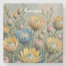 Porta-copo De Pedra Sonho com Protea Pastel: Floral Elegante