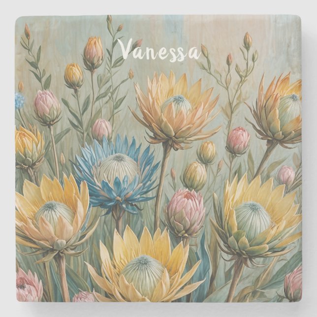 Porta-copo De Pedra Sonho com Protea Pastel: Floral Elegante (Frente)